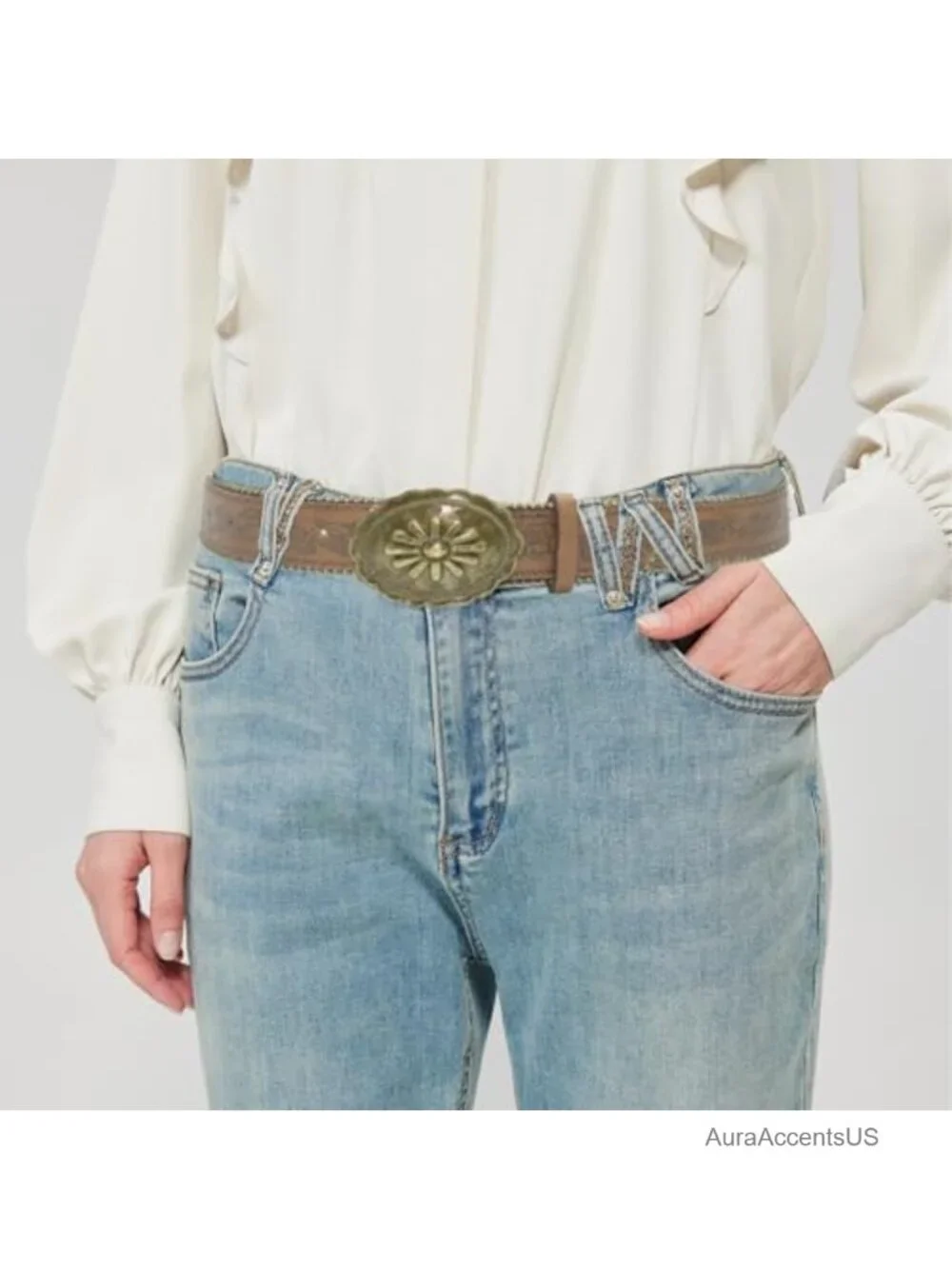 Faux Leather Western Belt with Vintage Floral Embossing